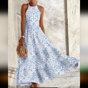Blue and White Patterned Knit Maxi Dress With Cut In Shoulders